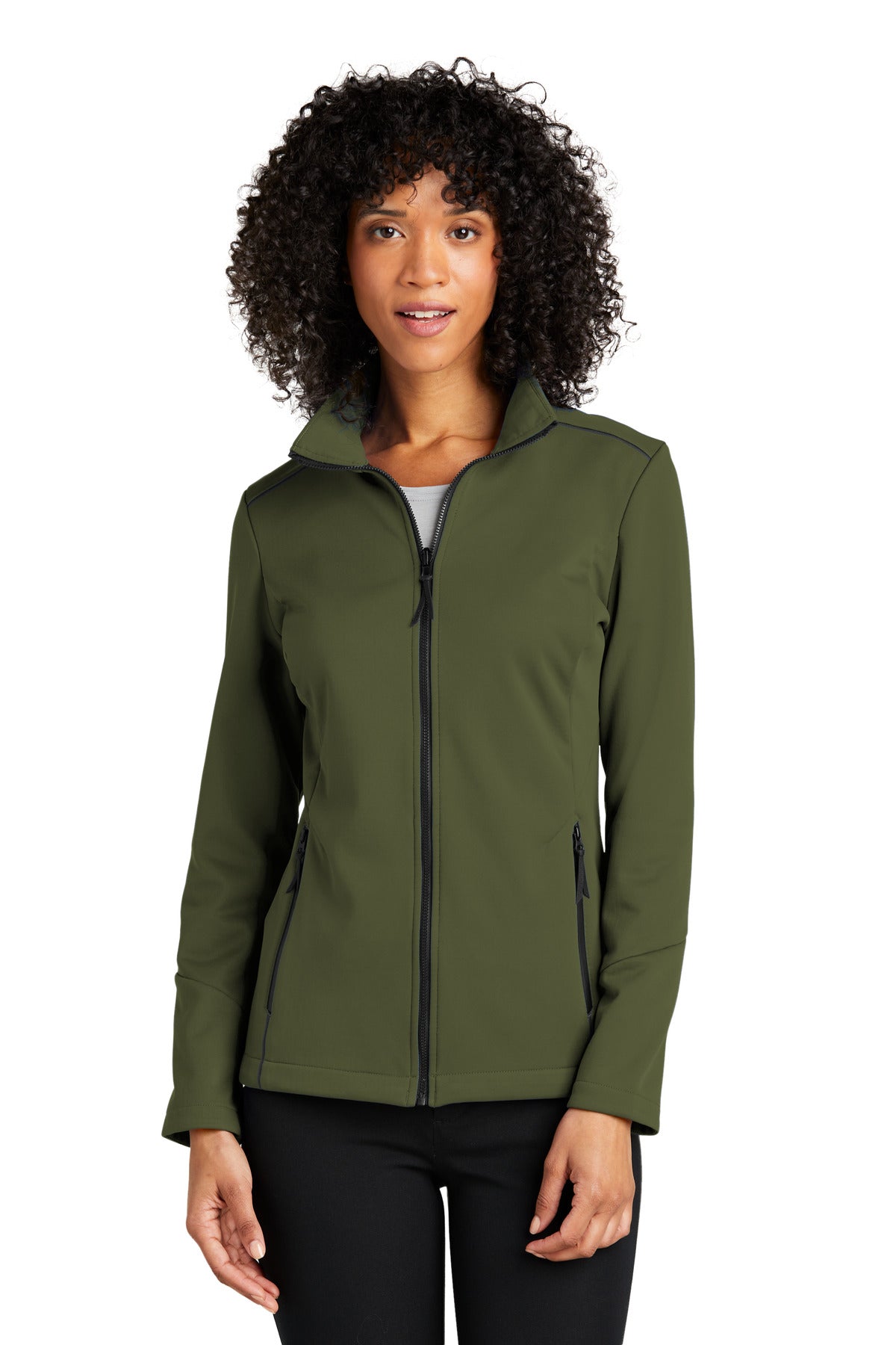 Front View of OliveGreen Port Authority Women's Collective Tech Soft Shell Jacket L921