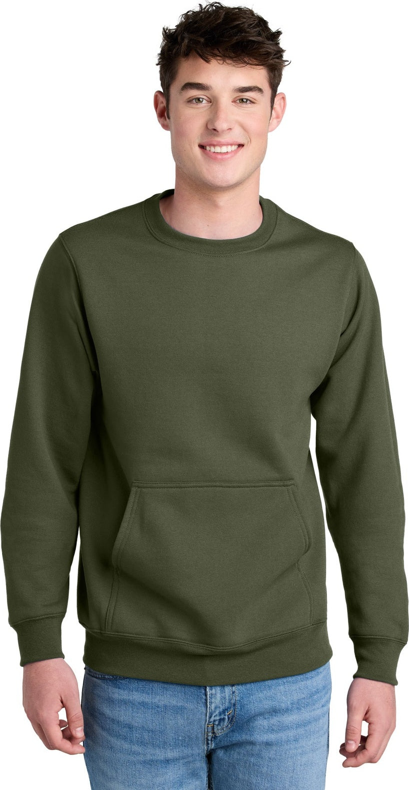Front View of OlvDrabGn Port & Co Core Fleece Crewneck Pocket Sweatshirt PC78PKT
