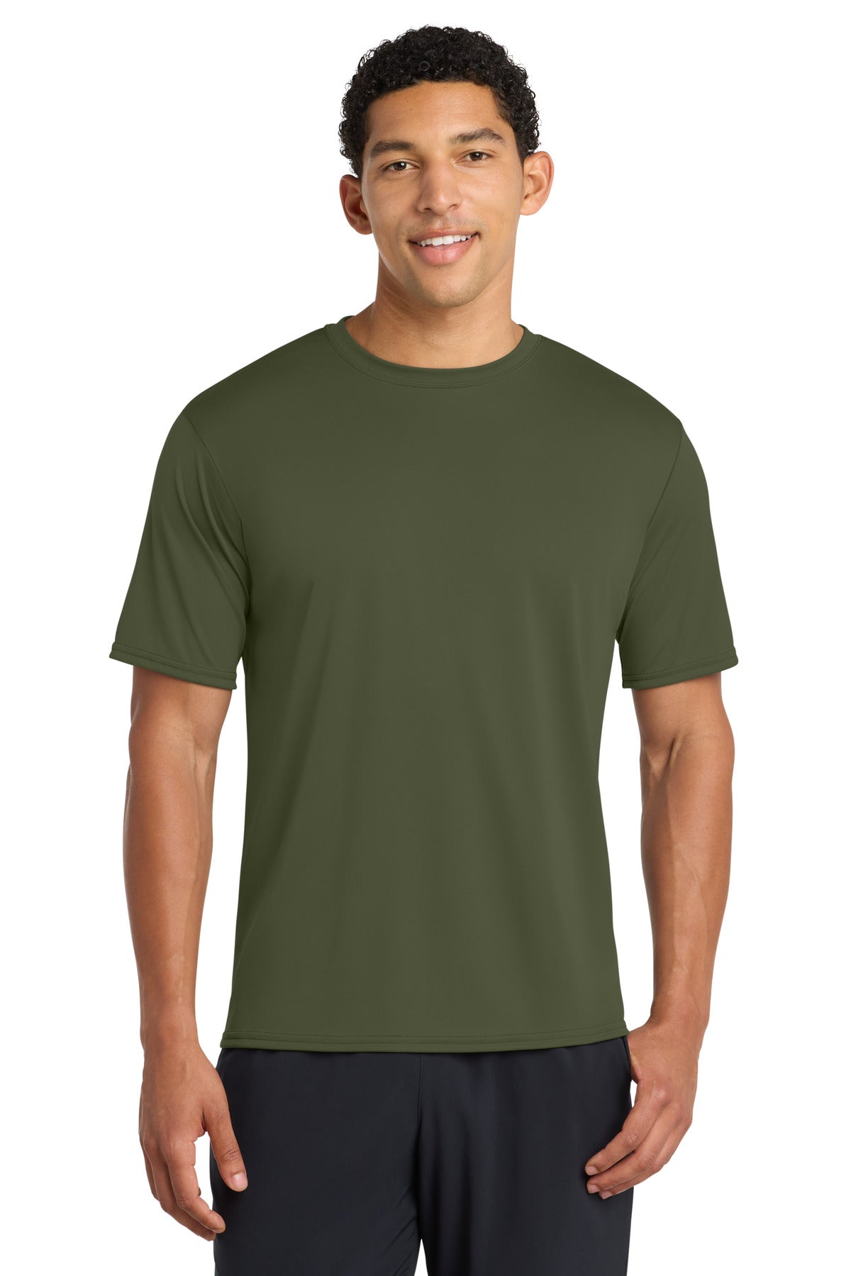 Front View of OlvDrabGn Port & Co Performance Tee. PC380