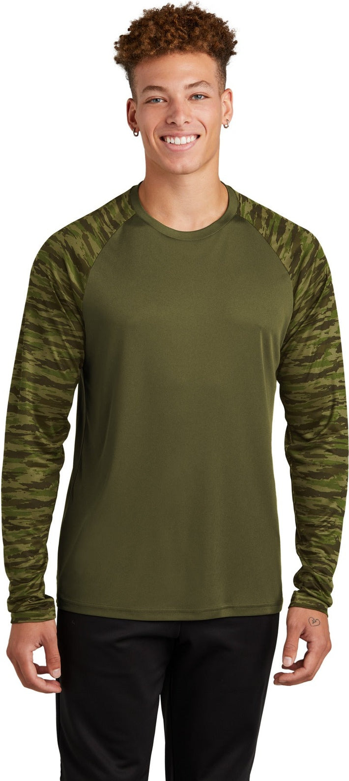 Front View of OlvDrabGn Sport-Tek Drift Camo Colorblock Long Sleeve Tee ST376LS