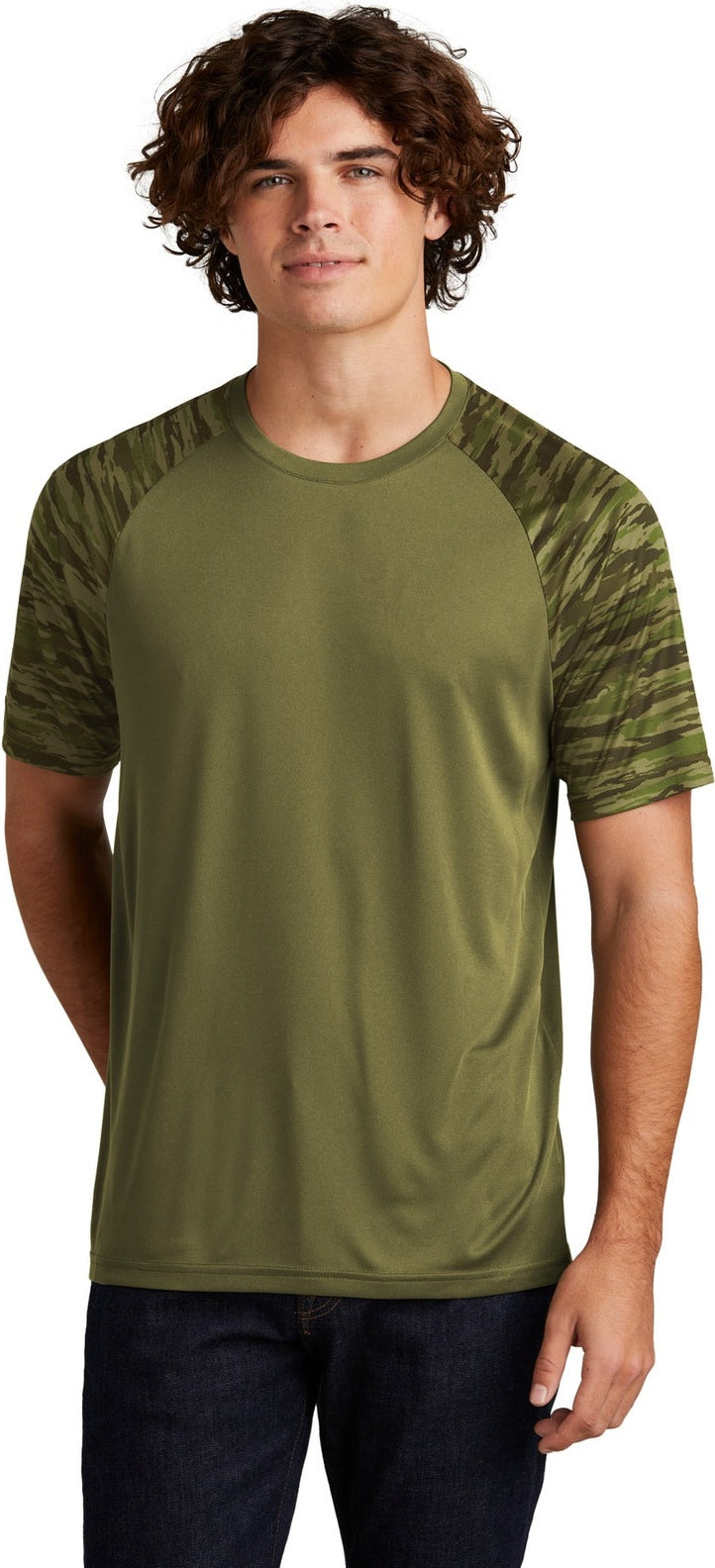 Front View of OlvDrabGn Sport-Tek Drift Camo Colorblock Tee ST376