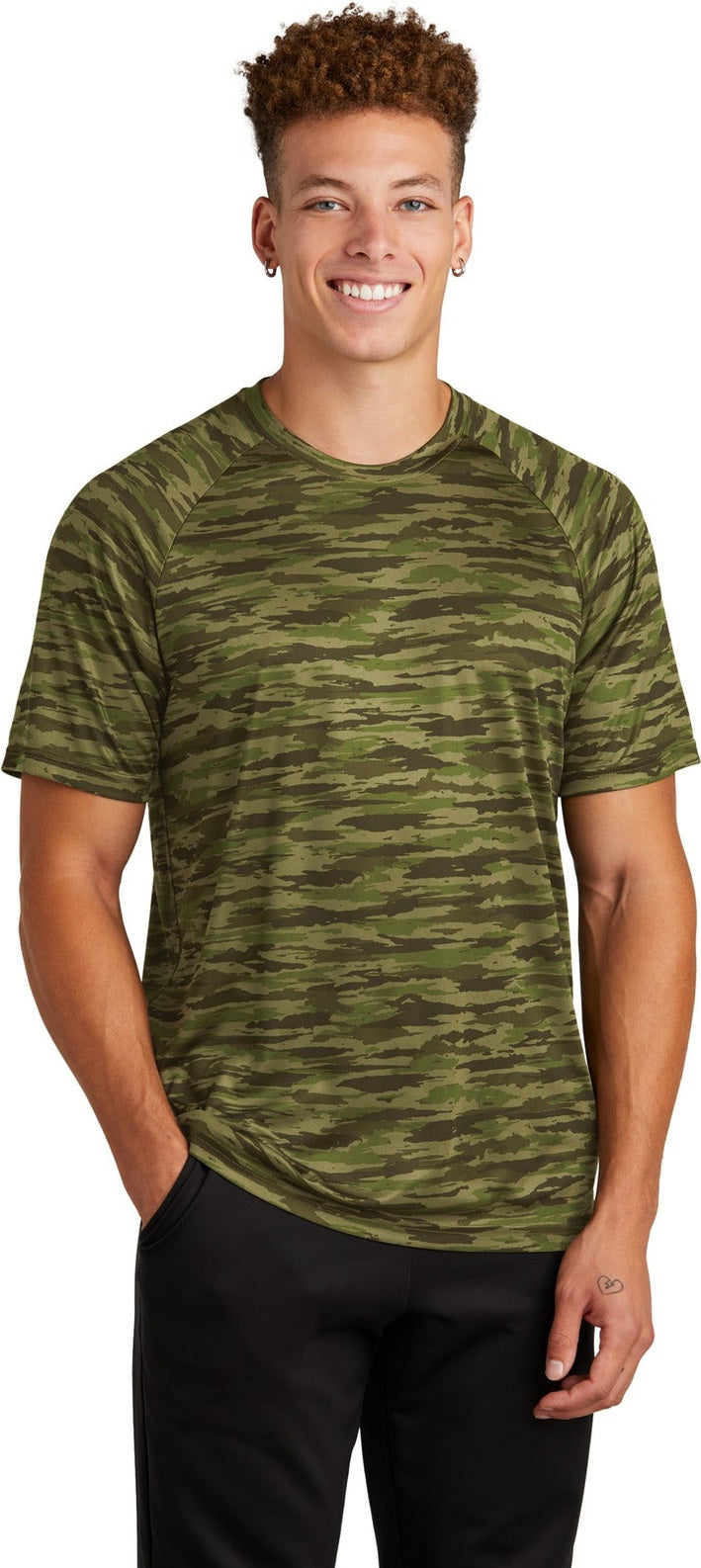 Front View of OlvDrabGn Sport-Tek Drift Camo Tee ST375