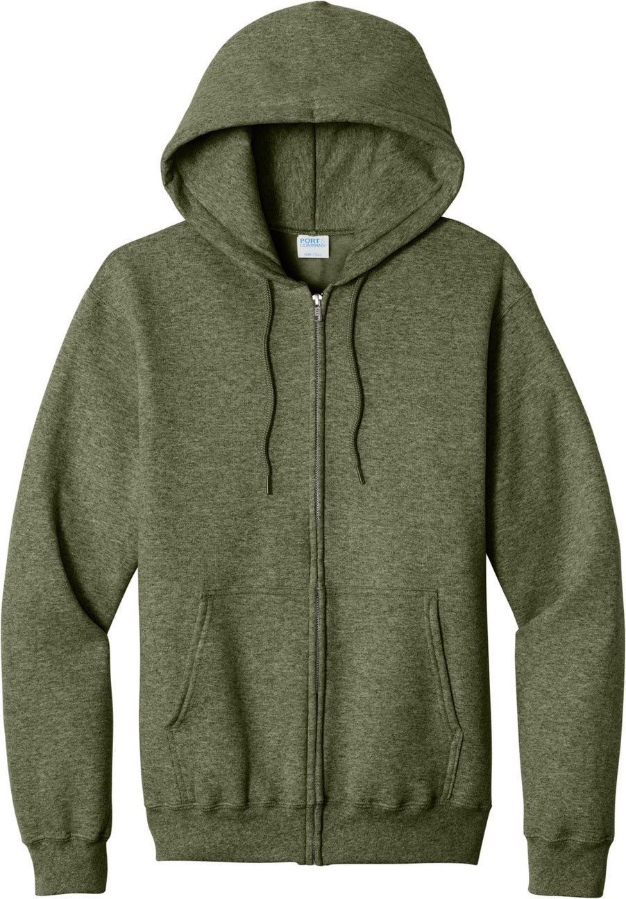 Front View of OlvDrabGnH Port & Co Core Fleece Full-Zip Hooded Sweatshirt. PC78ZH