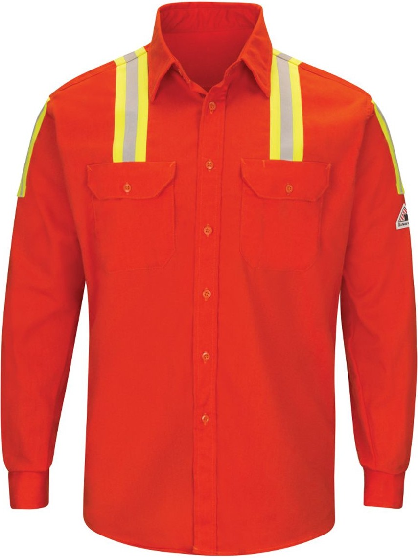 Front View of Orange Enhanced Visibility Long Sleeve Uniform Shirt - SLATOR