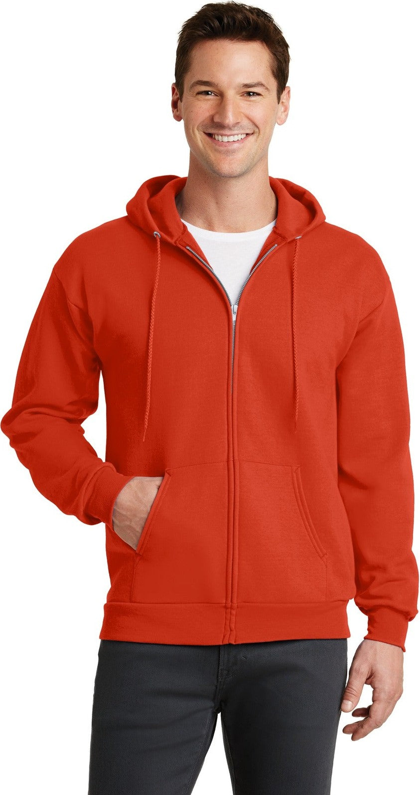 Front View of Orange Port & Co Core Fleece Full-Zip Hooded Sweatshirt. PC78ZH