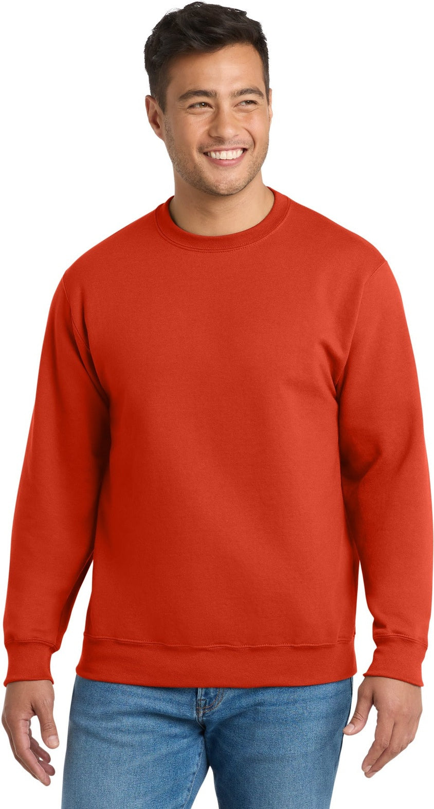 Front View of Orange Port & Co Essential Fleece Crewneck Sweatshirt. PC90