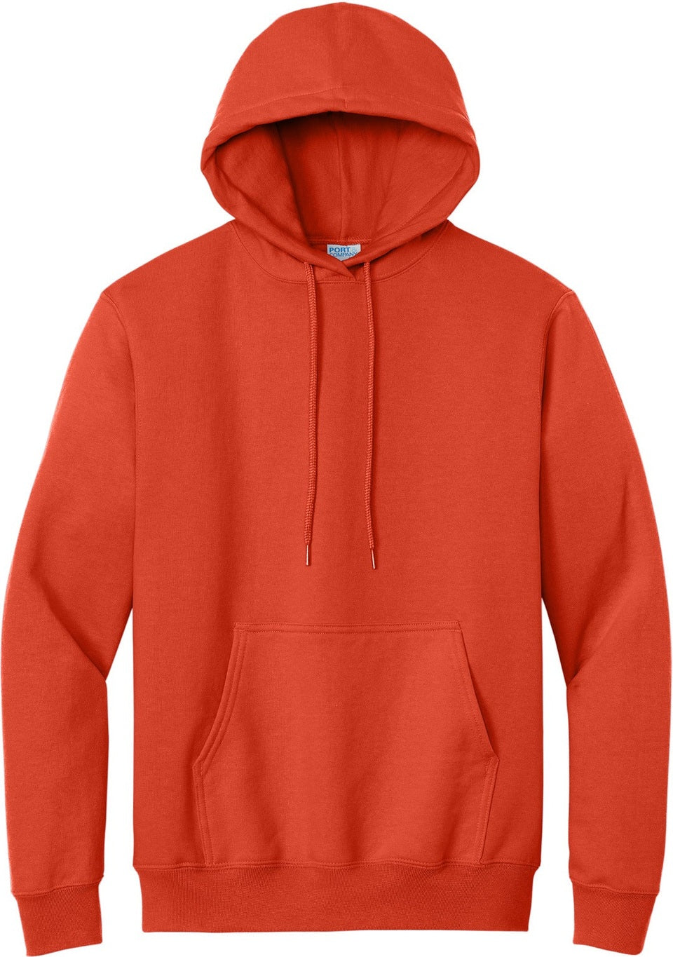 Front View of Orange Port & Co Essential Fleece Pullover Hooded Sweatshirt. PC90H