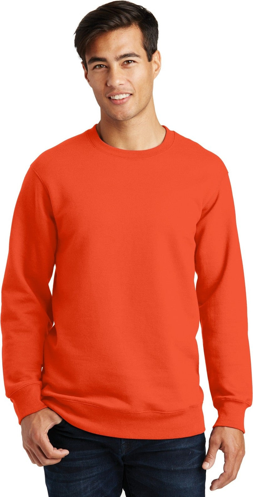 Front View of Orange Port & Co Fan Favorite Fleece Crewneck Sweatshirt. PC850