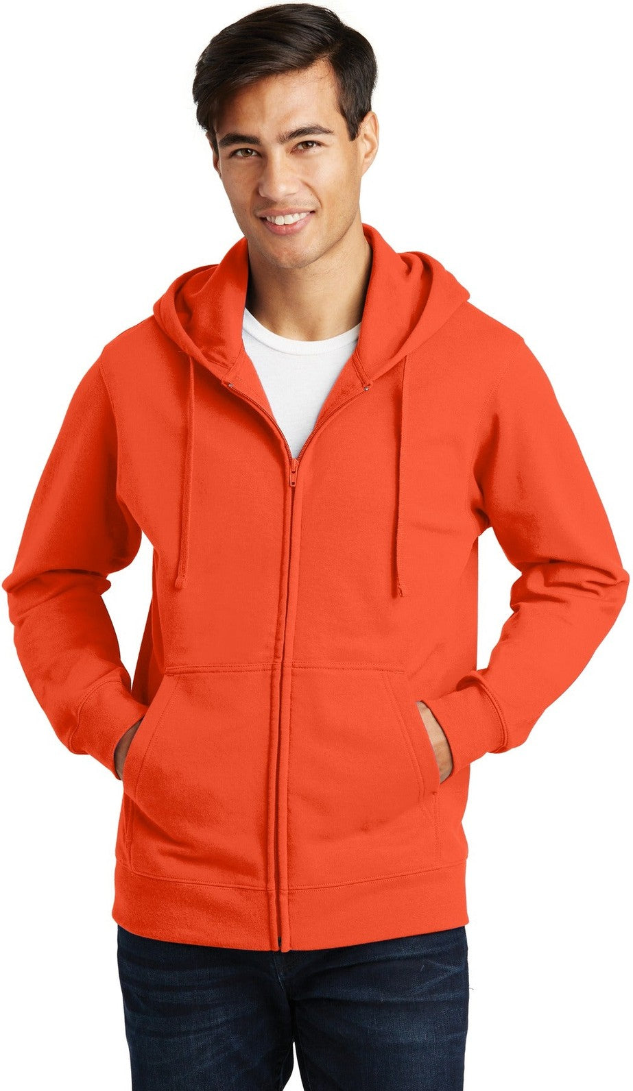 Front View of Orange Port & Co Fan Favorite Fleece Full-Zip Hooded Sweatshirt. PC850ZH