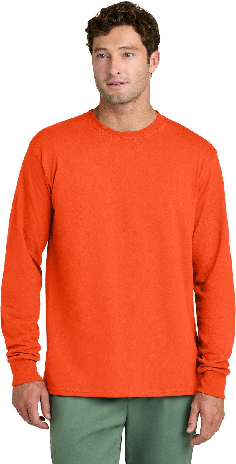 Front View of Orange Port & Co Long Sleeve Core Cotton Tee. PC54LS