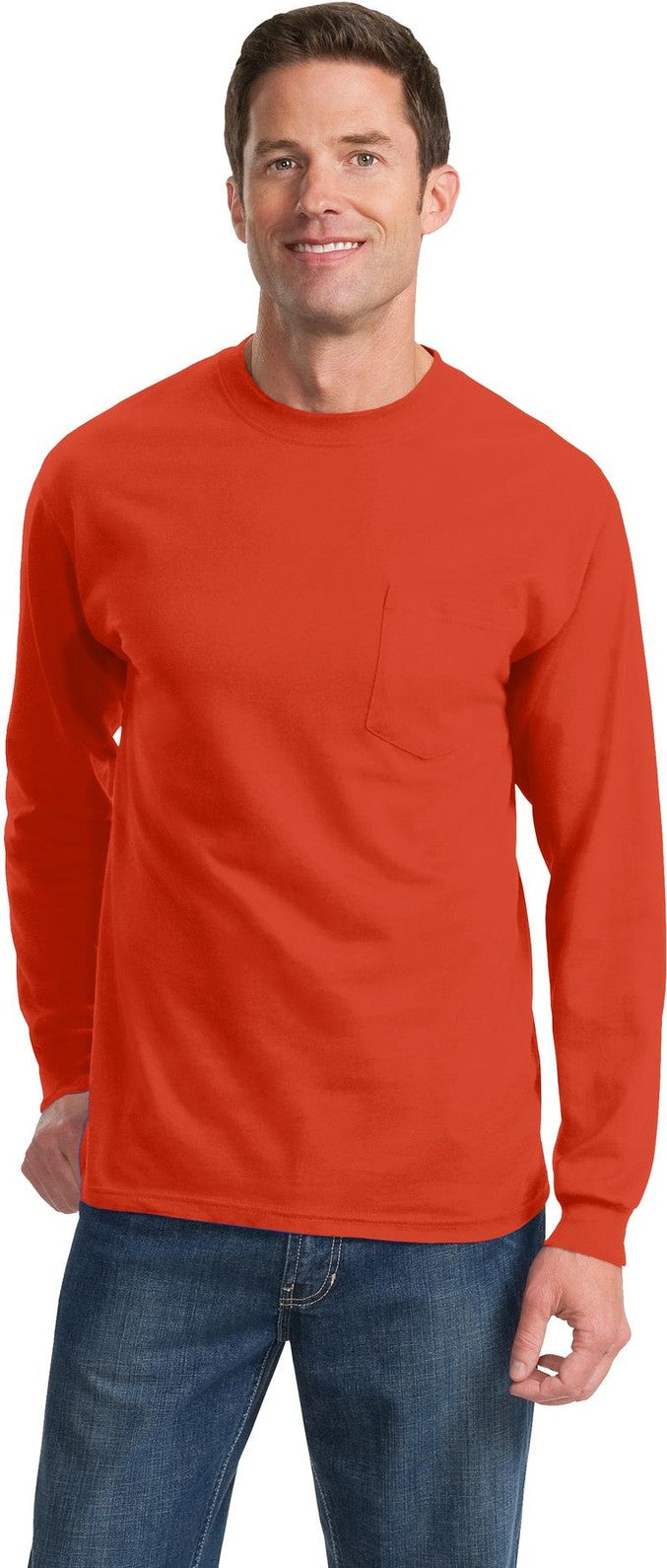 Front View of Orange Port & Co Long Sleeve Essential Pocket Tee. PC61LSP