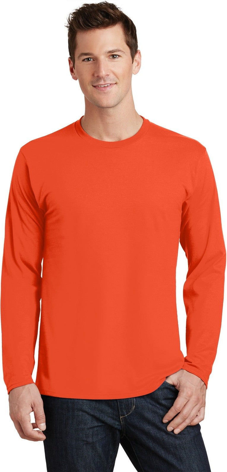 Front View of Orange Port & Co Long Sleeve Fan Favorite Tee. PC450LS