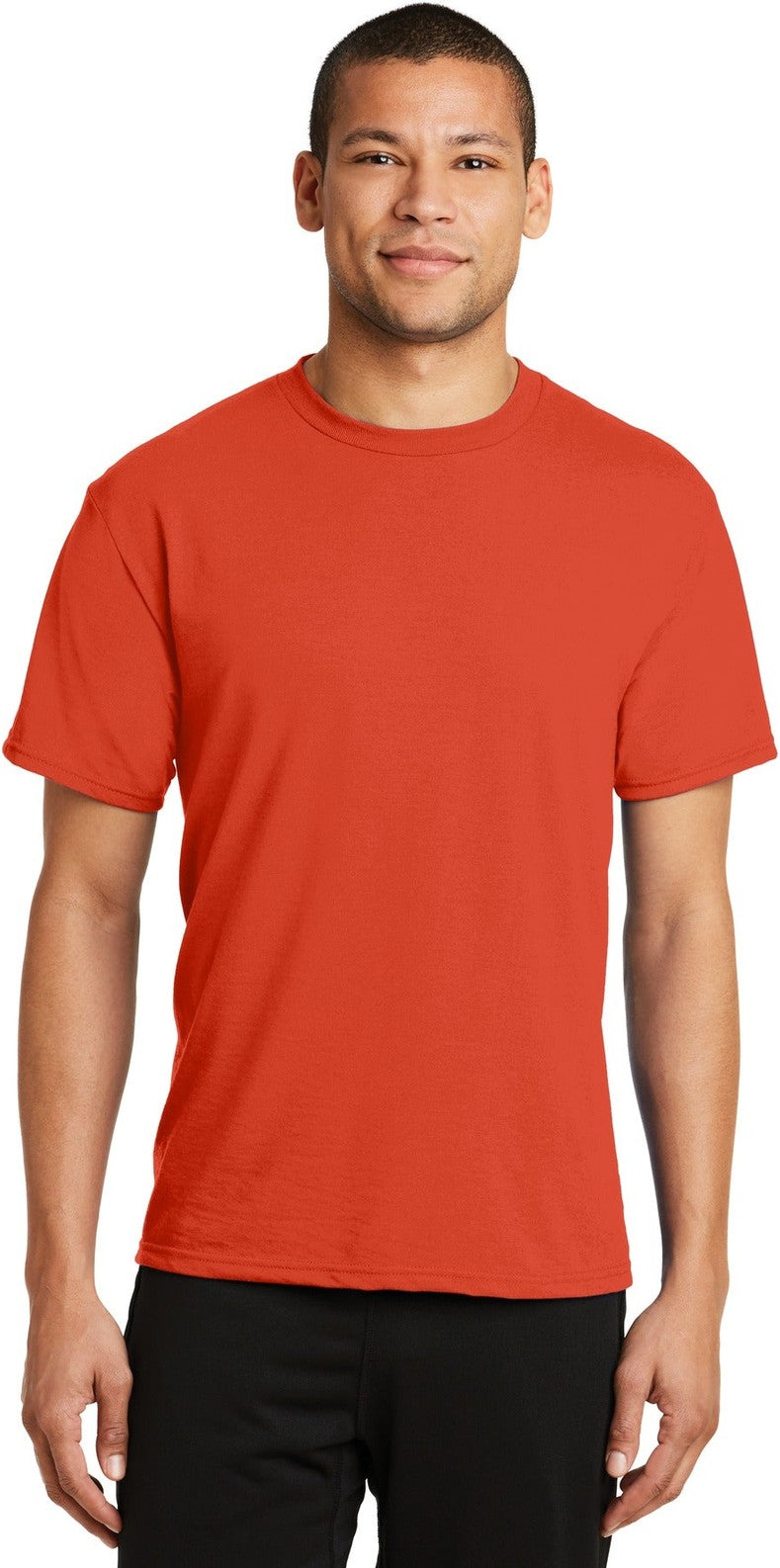 Front View of Orange Port & Co Performance Blend Tee. PC381
