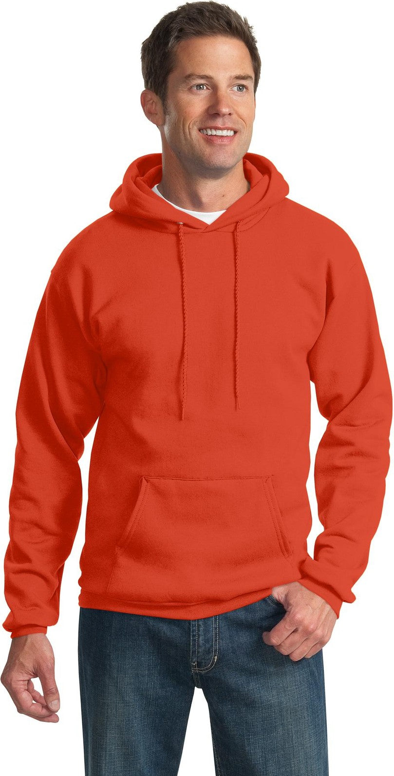 Front View of Orange Port & Co Tall Essential Fleece Pullover Hooded Sweatshirt. PC90HT