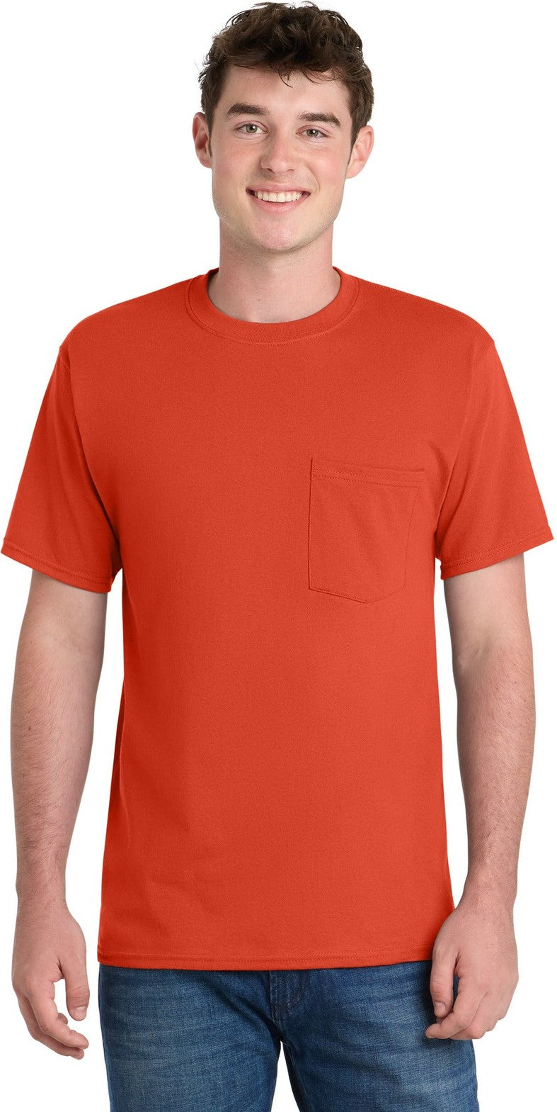 Front View of Orange Port & Co Tall Essential Pocket Tee. PC61PT