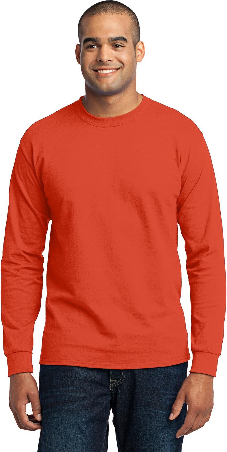 Front View of Orange Port & Co Tall Long Sleeve Core Blend Tee. PC55LST