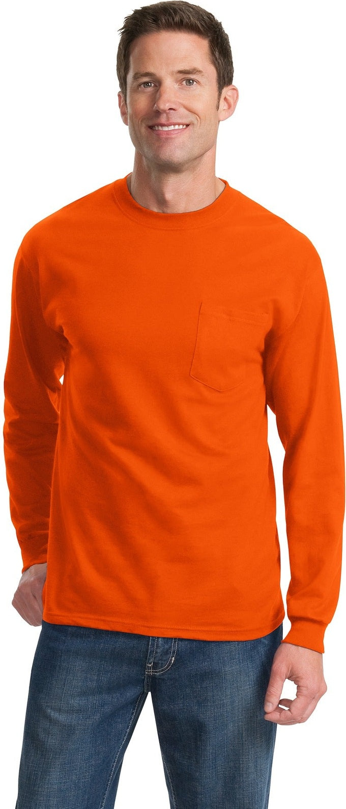 Front View of Orange Port & Co Tall Long Sleeve Essential Pocket Tee. PC61LSPT