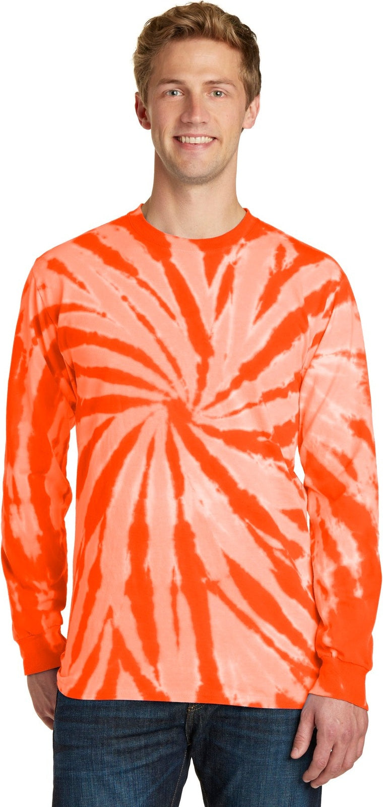 Front View of Orange Port & Co Tie-Dye Long Sleeve Tee. PC147LS
