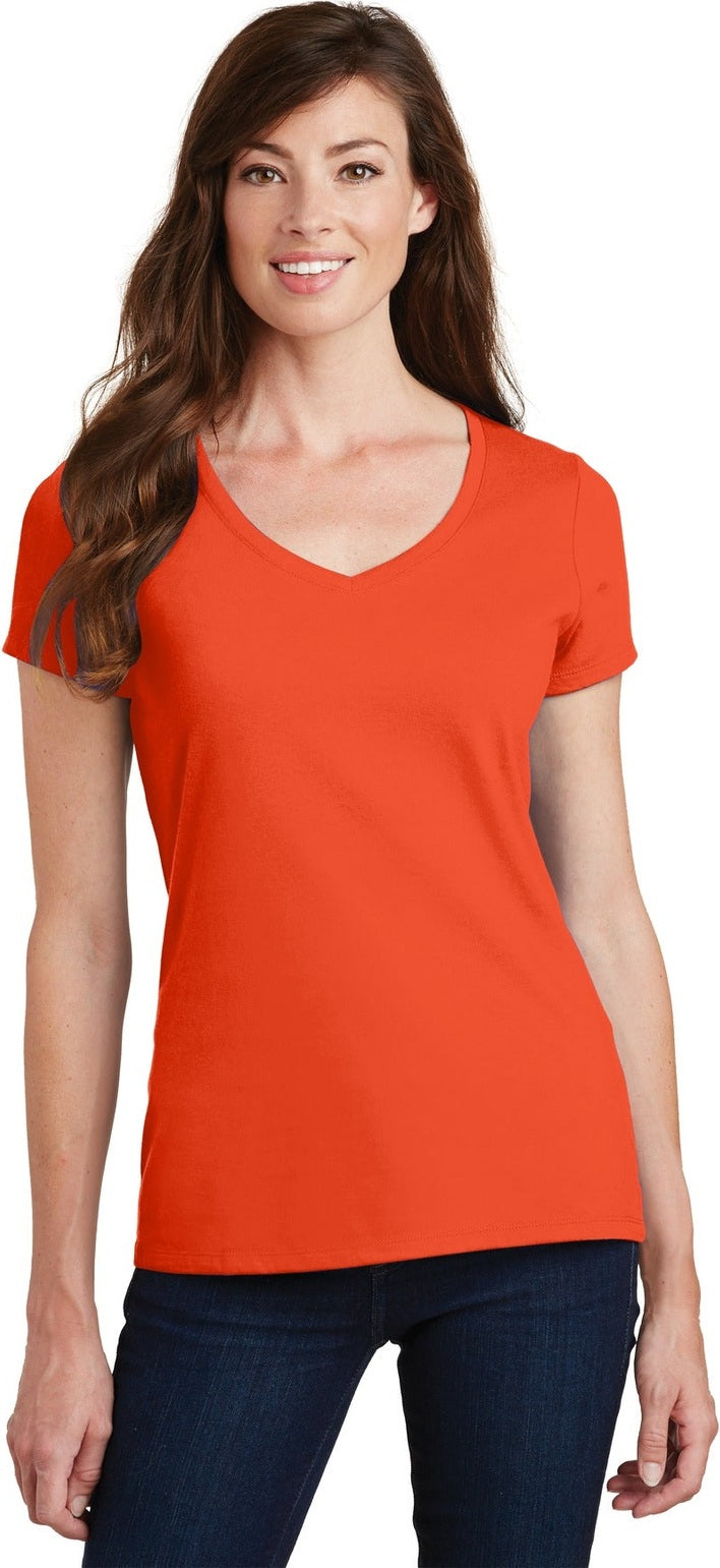 Front View of Orange Port & Co Women's Fan Favorite V-Neck Tee. LPC450V