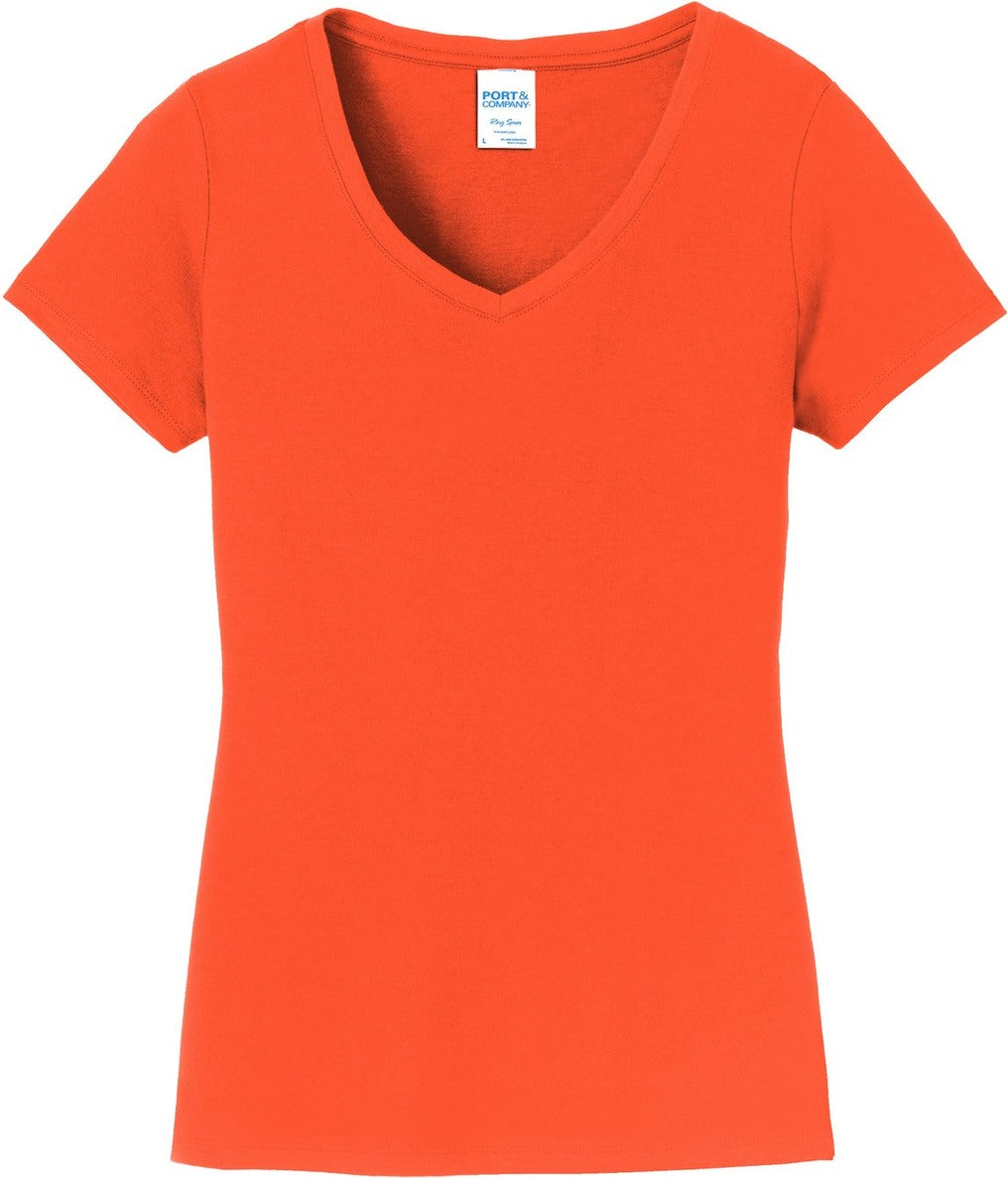 Front View of Orange Port & Co Women's Fan Favorite V-Neck Tee. LPC450V