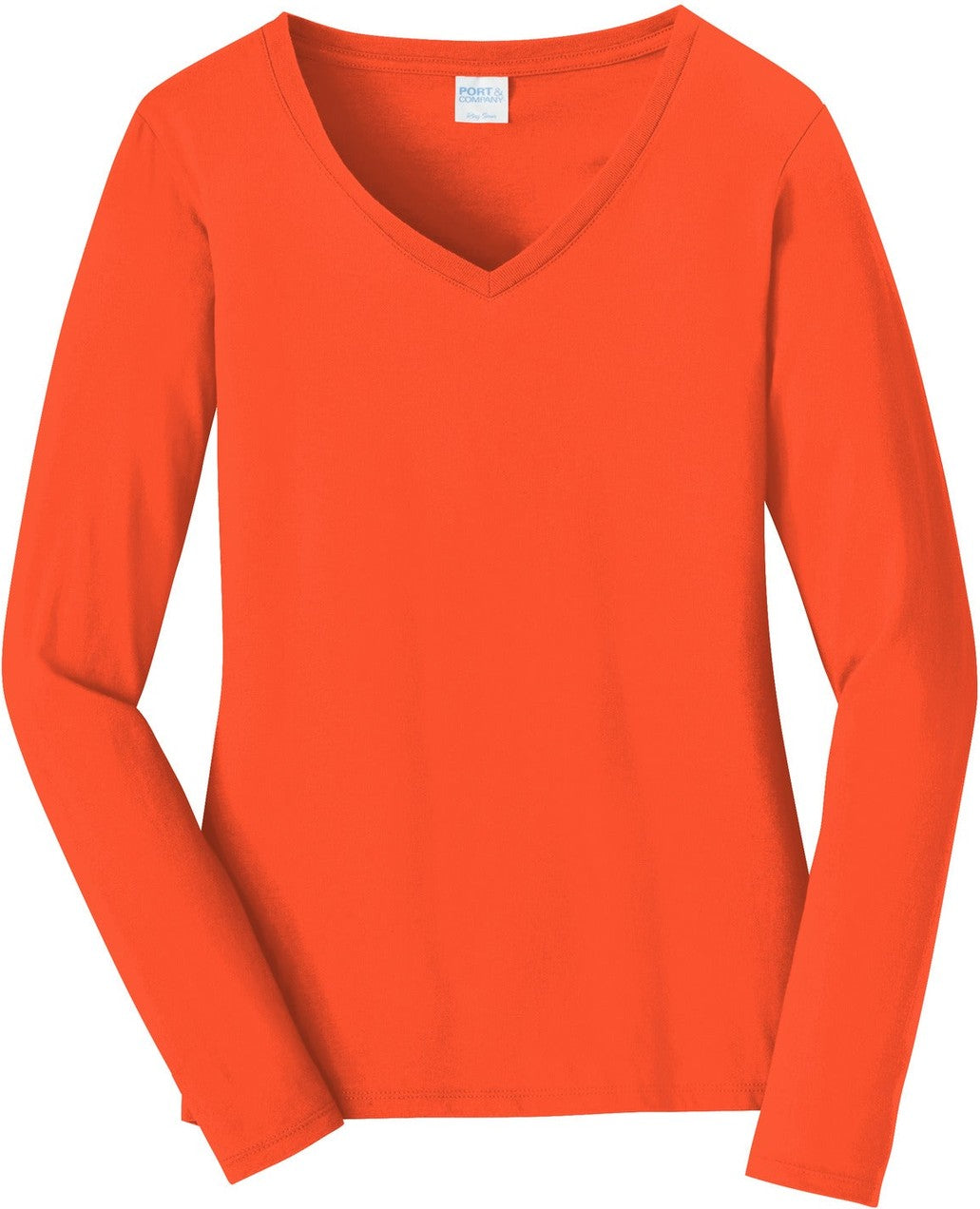 Front View of Orange Port & Co Women's Long Sleeve Fan Favorite V-Neck Tee. LPC450VLS
