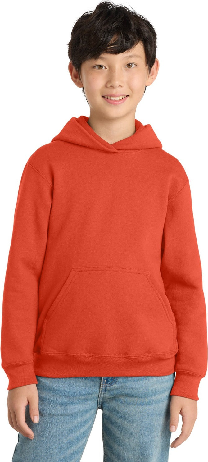 Front View of Orange Port & Co Youth Core Fleece Pullover Hooded Sweatshirt. PC90YH