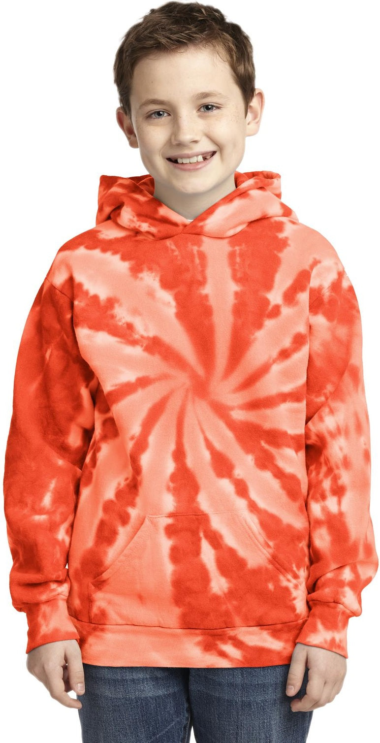 Front View of Orange Port & Co Youth Tie-Dye Pullover Hooded Sweatshirt. PC146Y