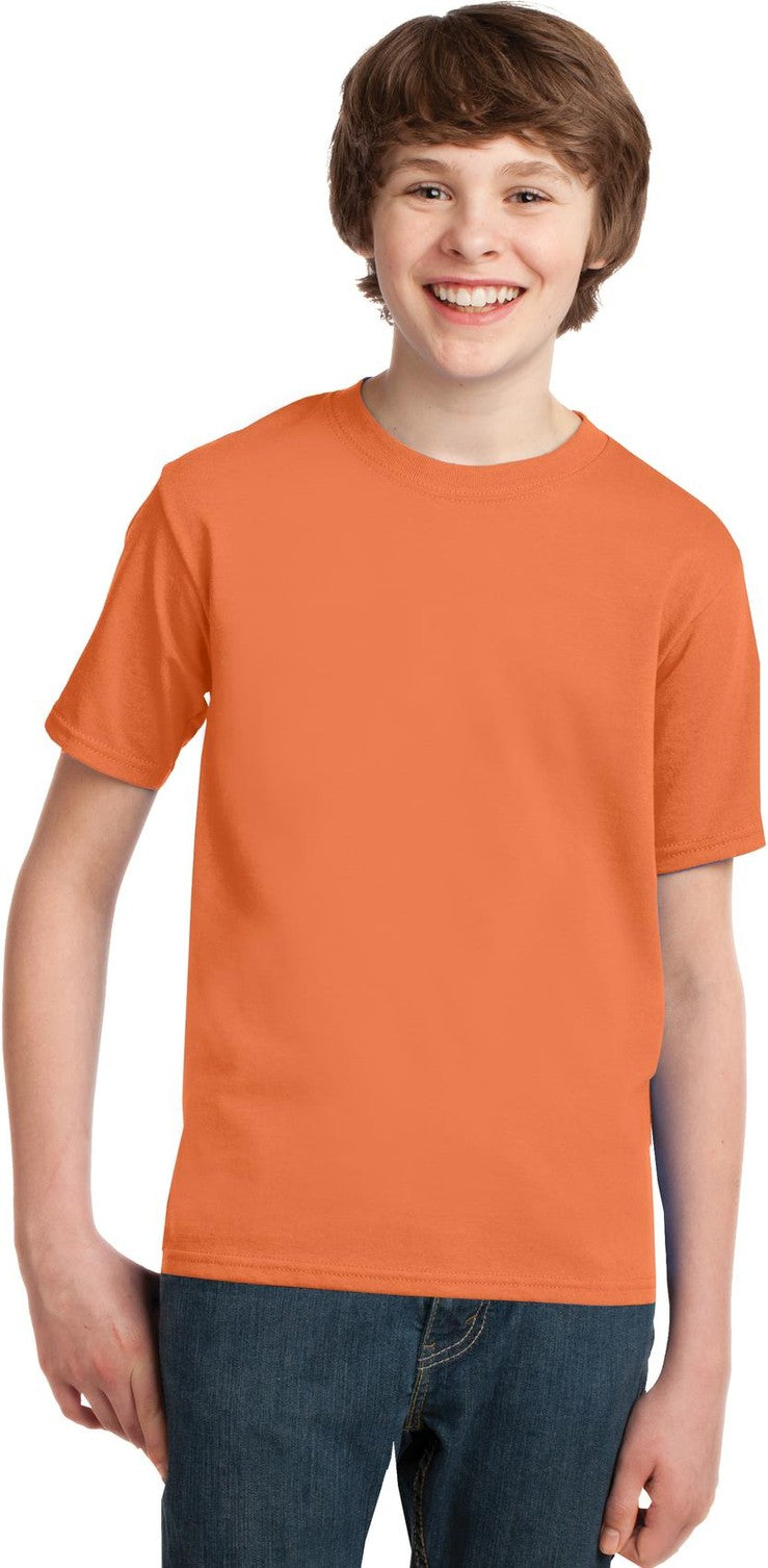 Front View of Orange Shrbt Port & Co Youth Essential Tee. PC61Y