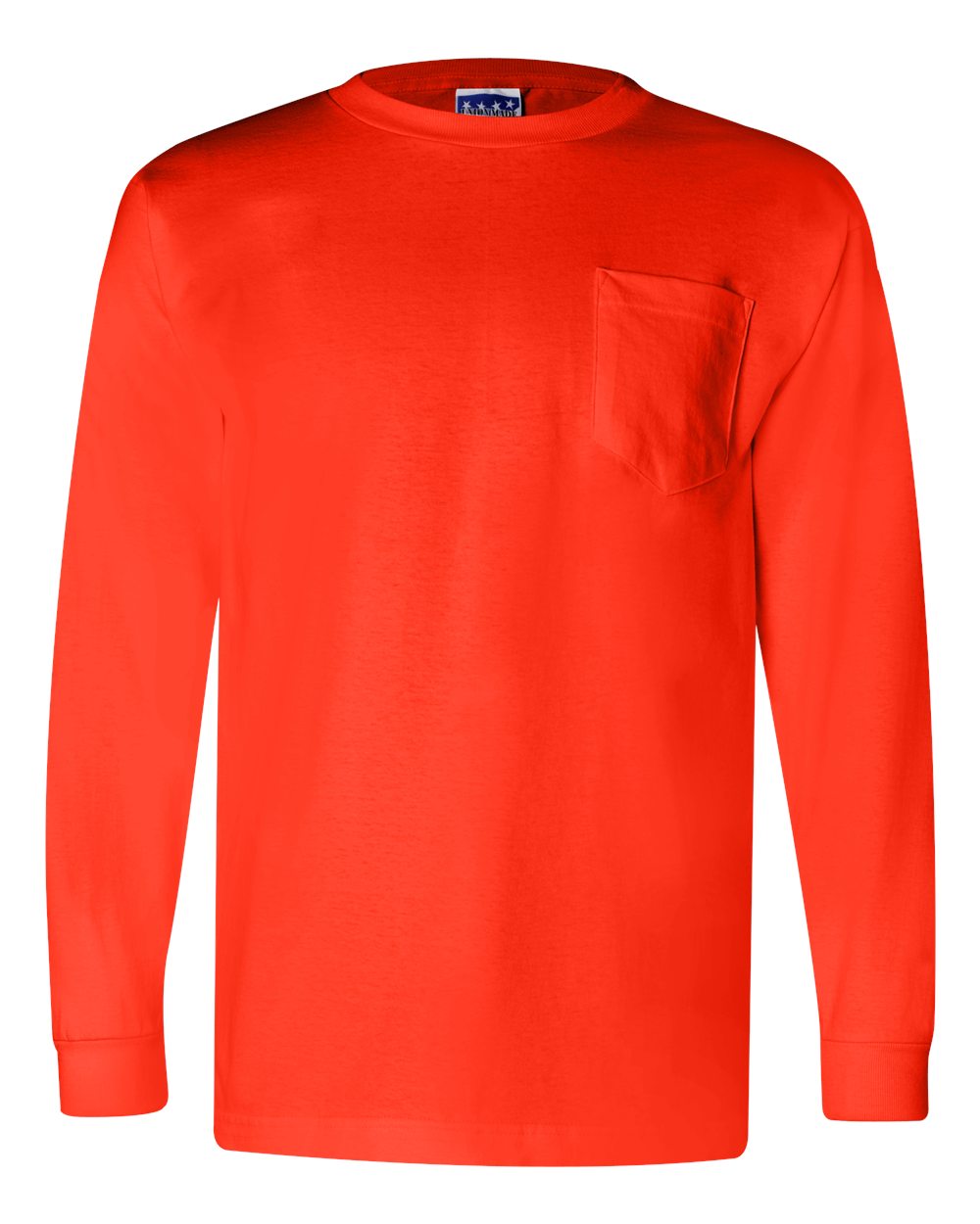 Front View of Orange Union-Made Long Sleeve Pocket T-Shirt - 3055