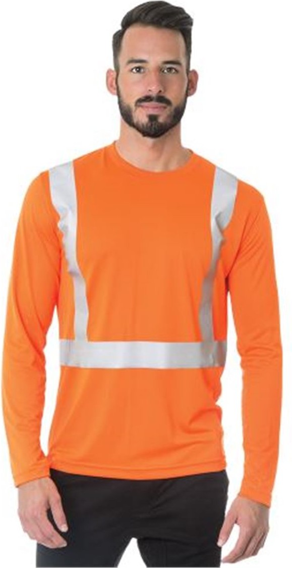 Front View of Orange USA-Made Hi-Visibility Long Sleeve Performance T-Shirt - 3742