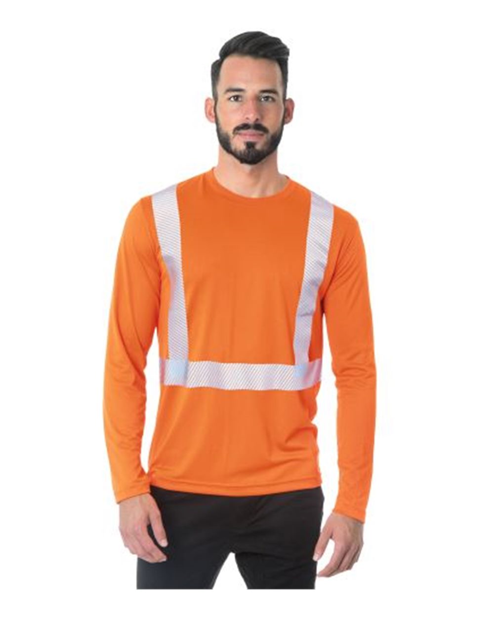Front View of Orange USA-Made Hi-Visibility Long Sleeve Performance T-Shirt - Segmented Tape - 3740