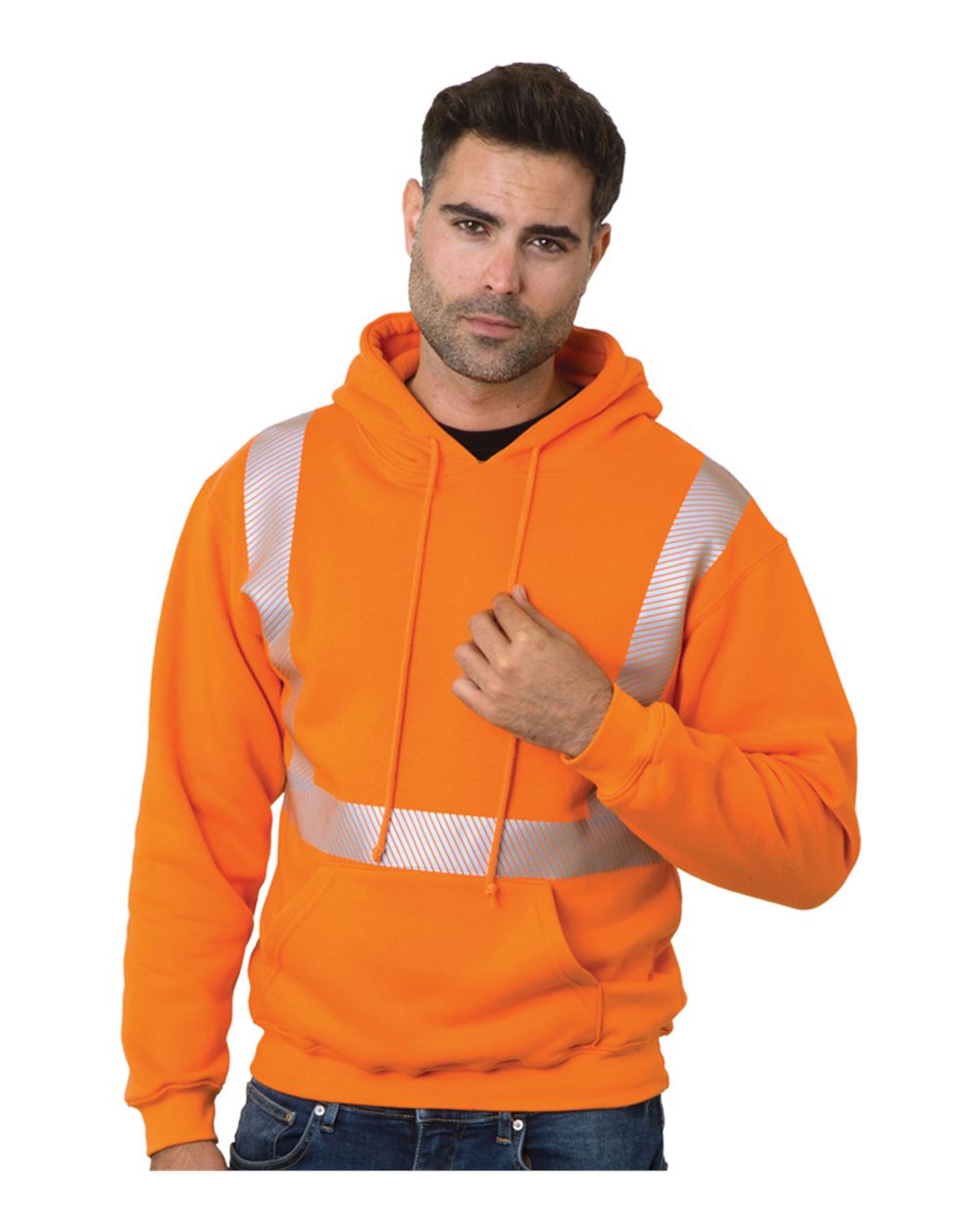 Front View of Orange USA-Made High Visibility Hooded Sweatshirt - 3739