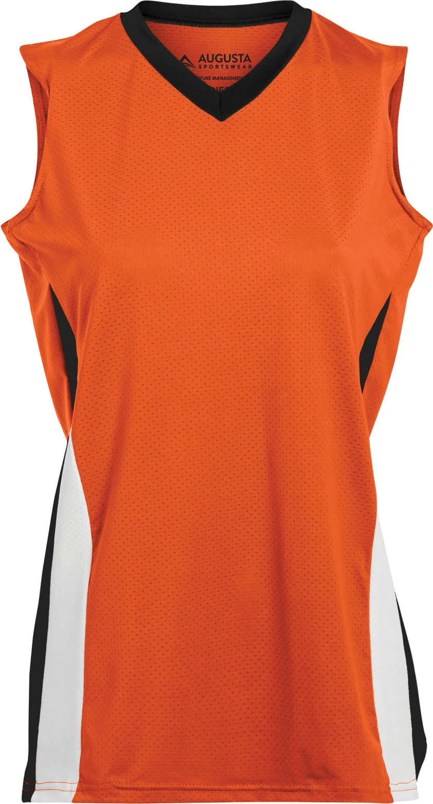 Front View of ORANGE/BLACK/WHITE LADIES TORNADO JERSEY