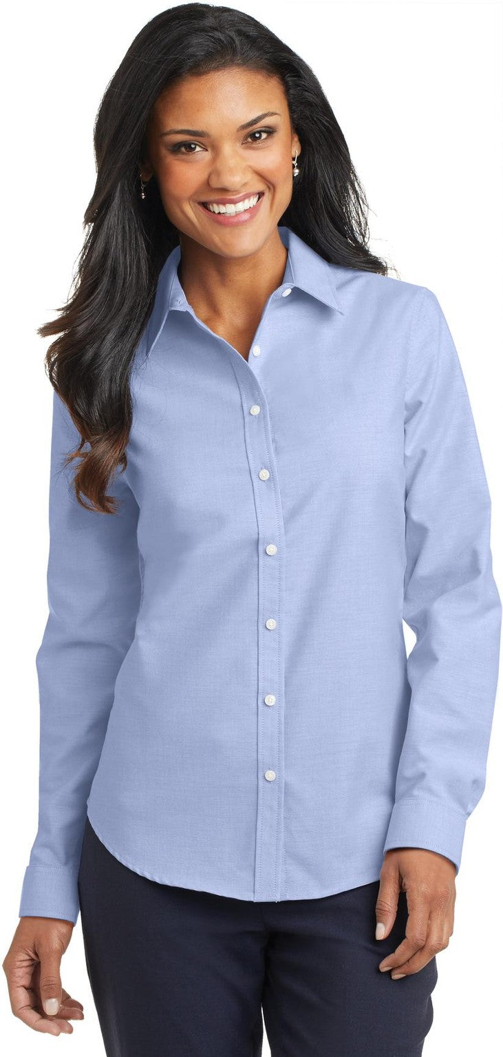Front View of Oxford Blue Port Authority Women's SuperPro Oxford Shirt. L658