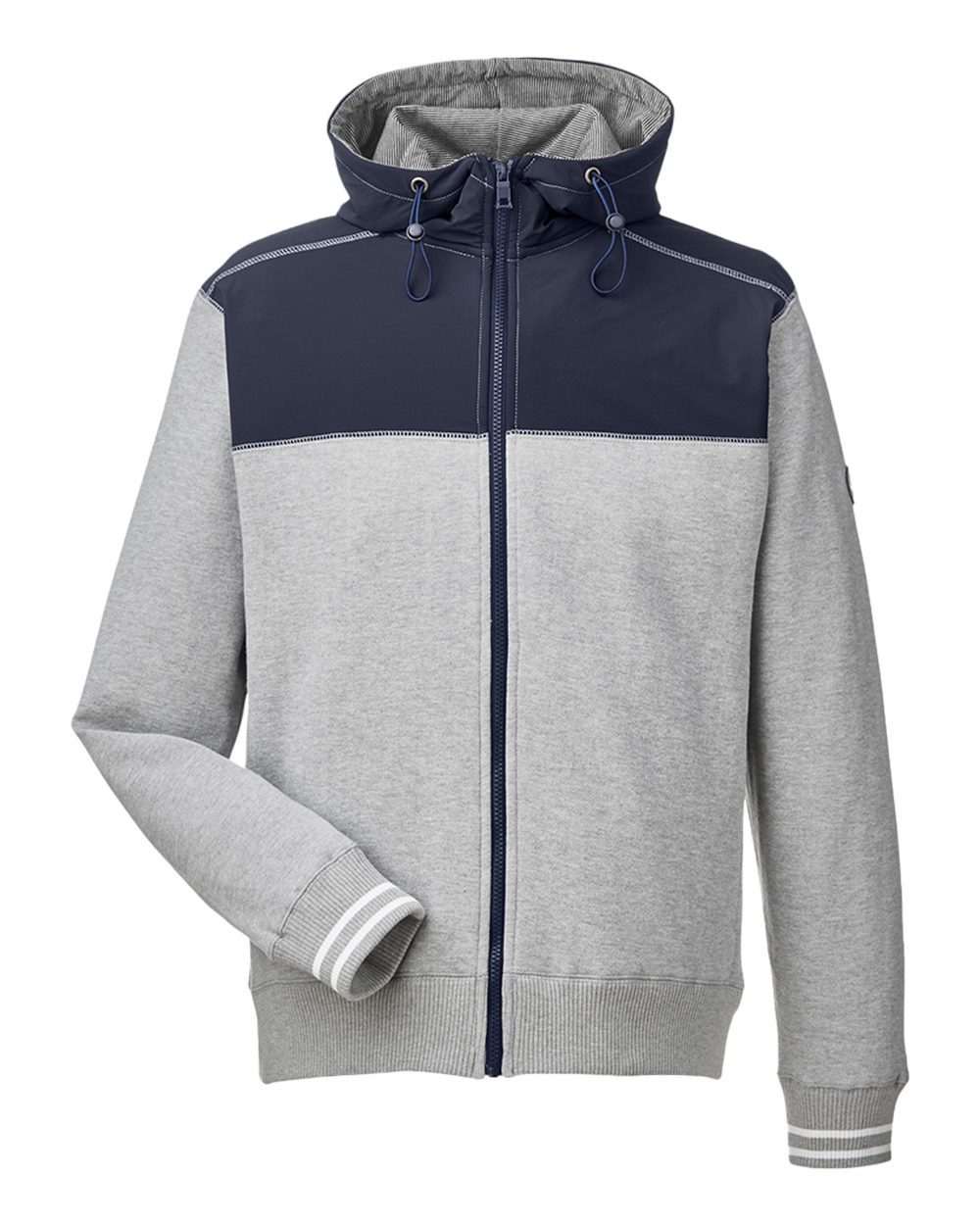 Front View of Oxford Heather/ Navy Navigator Fleece Hooded Full-Zip Jacket - N17582