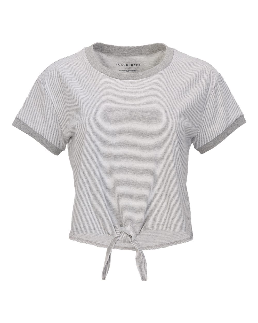 Front View of Oxford Heather/ White Women's Striped Tie Front T-Shirt - BW2107