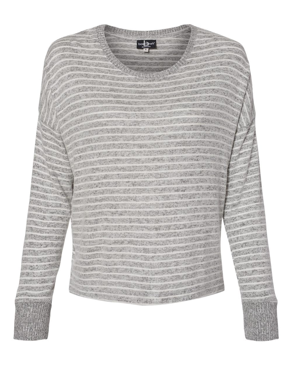 Front View of Oxford/ Natural Stripe Women&#39;s Cuddle Fleece Boxy Crewneck Pullover - L06