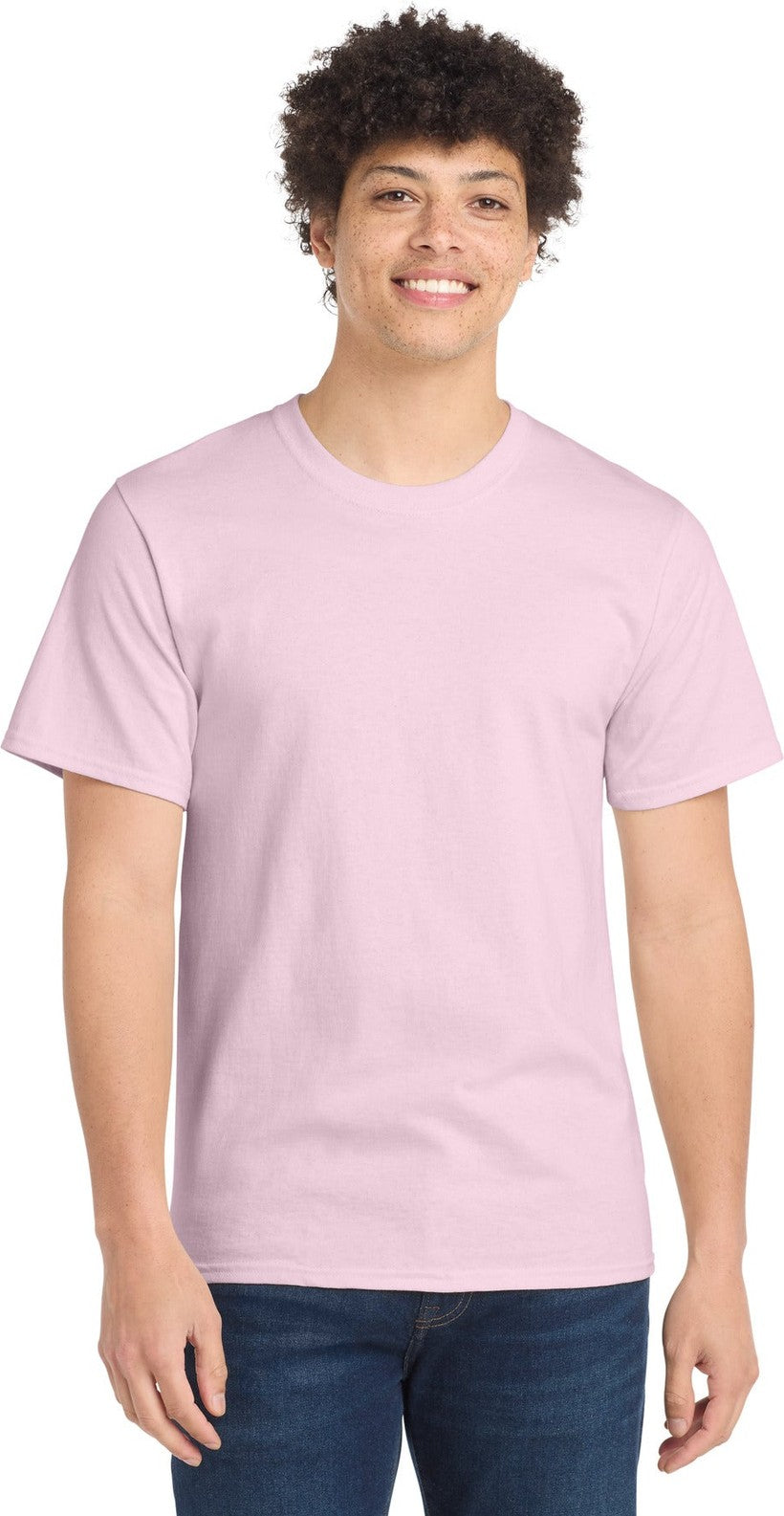 Front View of Pale Pink Port & Co Tall Essential Tee. PC61T