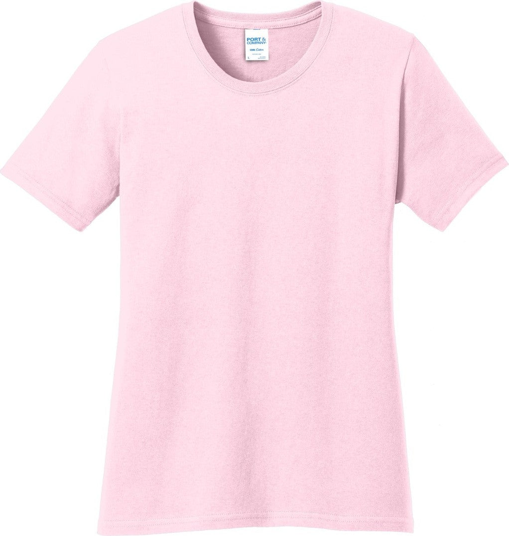 Front View of Pale Pink Port & Co Women's Core Cotton Tee. LPC54