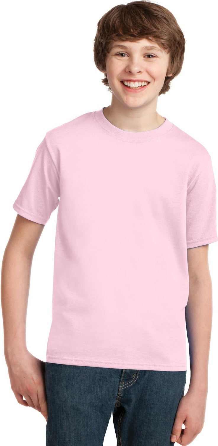 Front View of Pale Pink Port & Co Youth Essential Tee. PC61Y