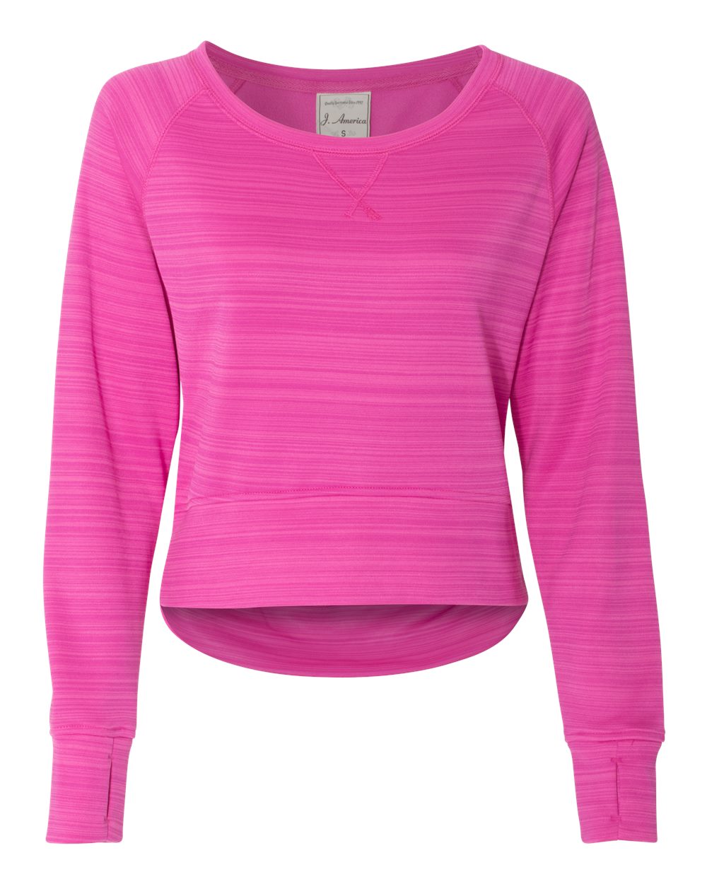 Front View of Passion Pink Stripe Women&#39;s Odyssey Striped Performance Fleece Hi-Low Crewneck Sweatshirt - 8663