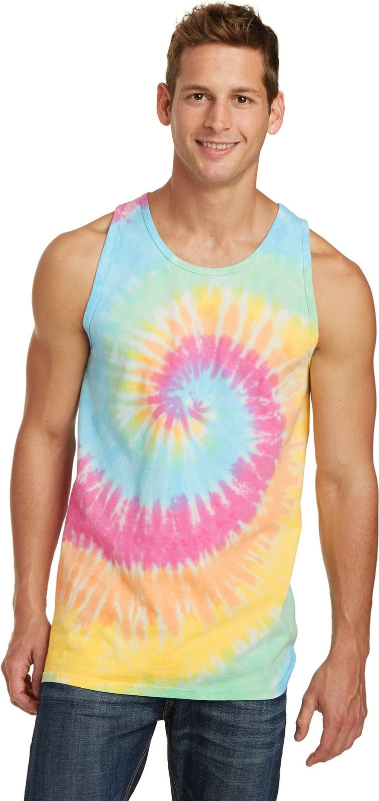 Front View of Pastel Rainbow Port & Co Tie-Dye Tank Top. PC147TT