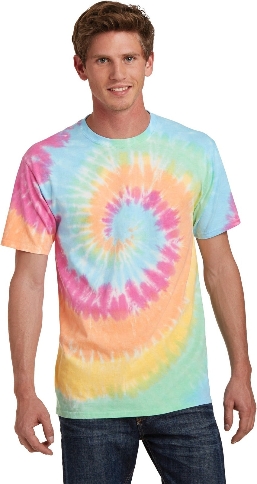 Front View of Pastel Rainbow Port & Co Tie-Dye Tee. PC147