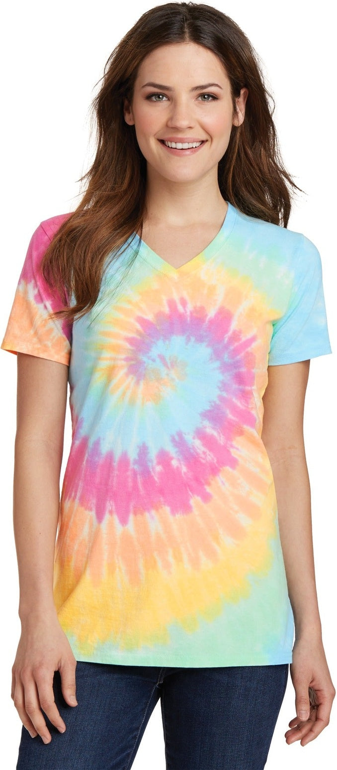 Front View of Pastel Rainbow Port & Co Women's Tie-Dye V-Neck Tee. LPC147V