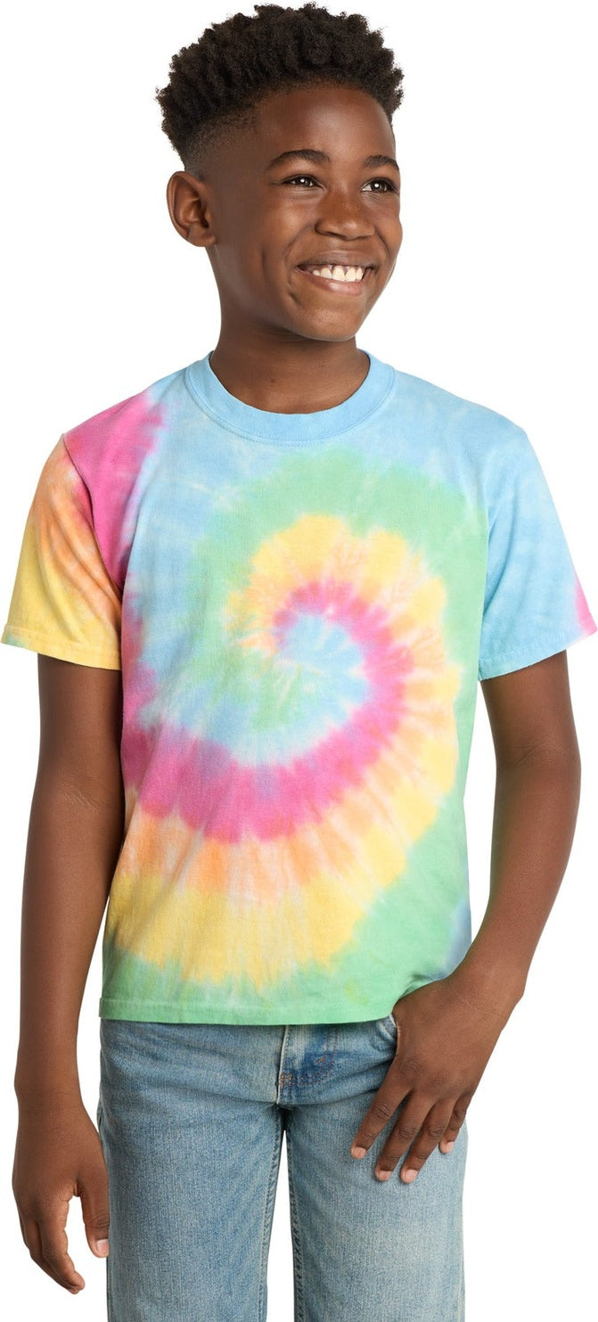 Front View of Pastel Rainbow Port & Co Youth Tie-Dye Tee. PC147Y