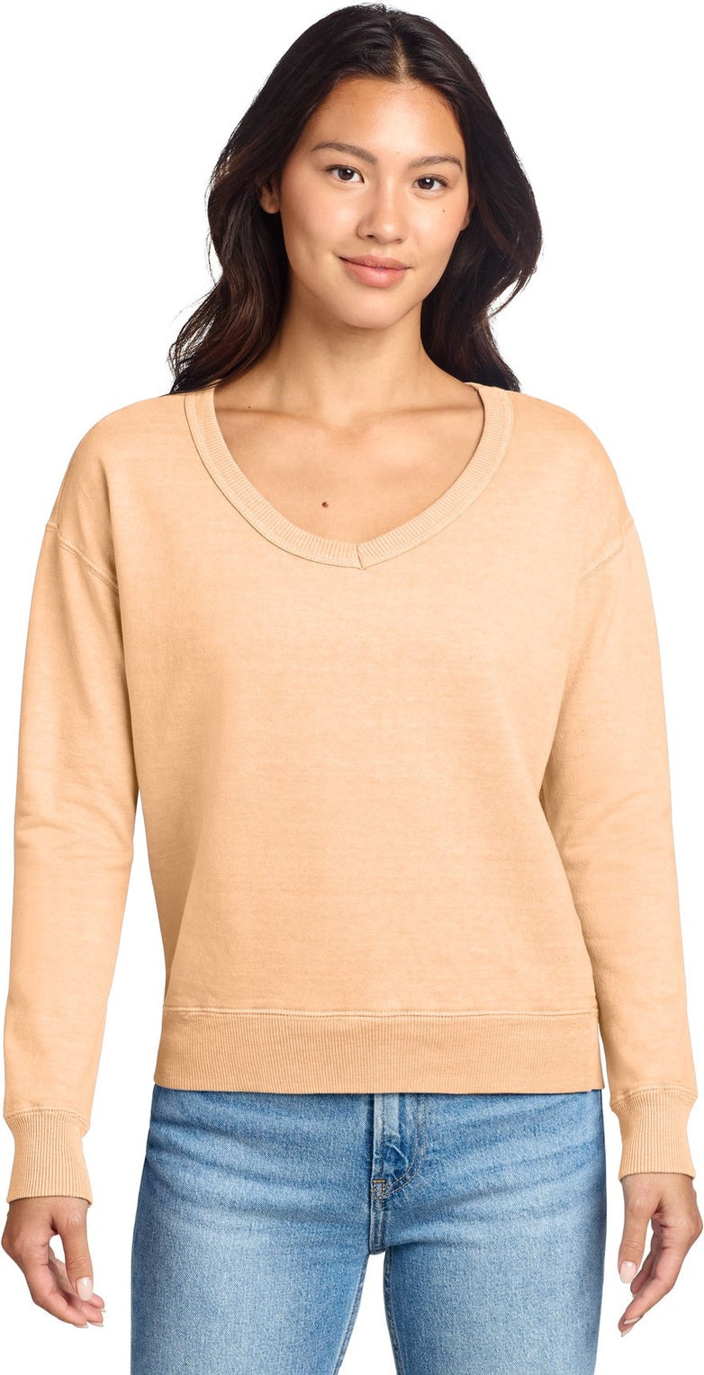 Front View of Peach Port & Co Women's Beach Wash Garment-Dyed V-Neck Sweatshirt LPC098V