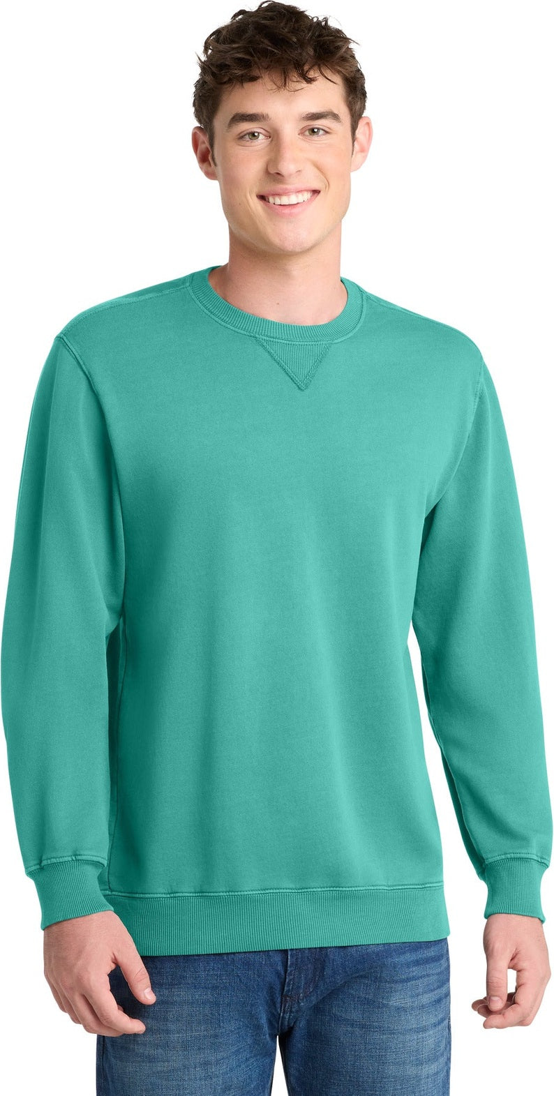 Front View of Peacock Port & Co Beach Wash Garment-Dyed Crewneck Sweatshirt PC098