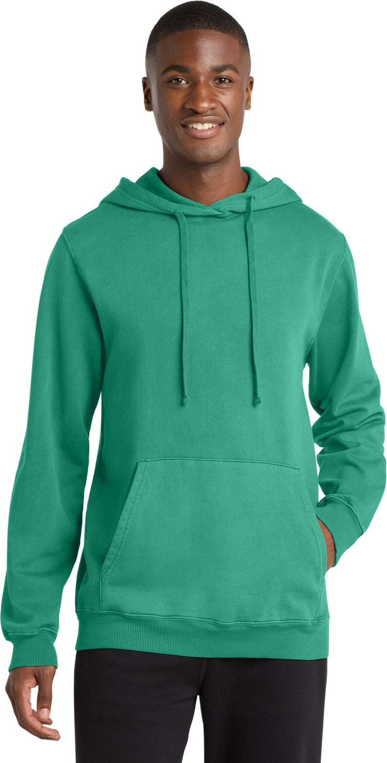 Front View of Peacock Port & Co Beach Wash Garment-Dyed Pullover Hooded Sweatshirt. PC098H
