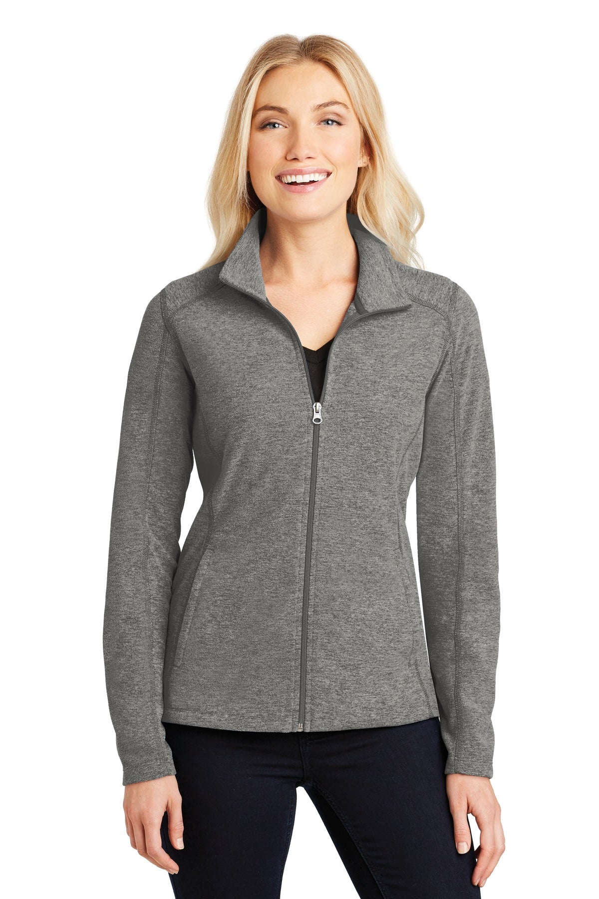 Front View of Pearl Grey Hea Port Authority Women's Heather Microfleece Full-Zip Jacket. L235