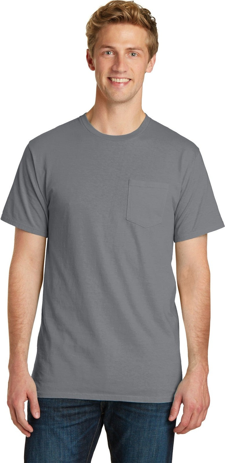 Front View of Pewter Port & Co Beach Wash Garment-Dyed Pocket Tee. PC099P
